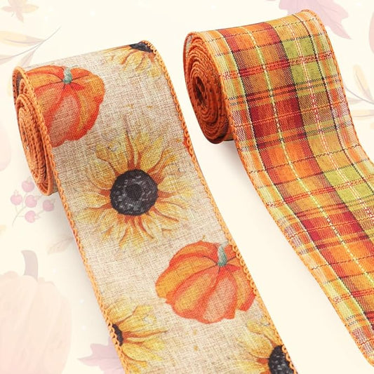 2 Rolls Fall Fabric Ribbons Thanksgiving Decor Ribbons Pumpkin Sunflowers Plaid Burlap Linen Ribbons for Thanksgiving Fall...