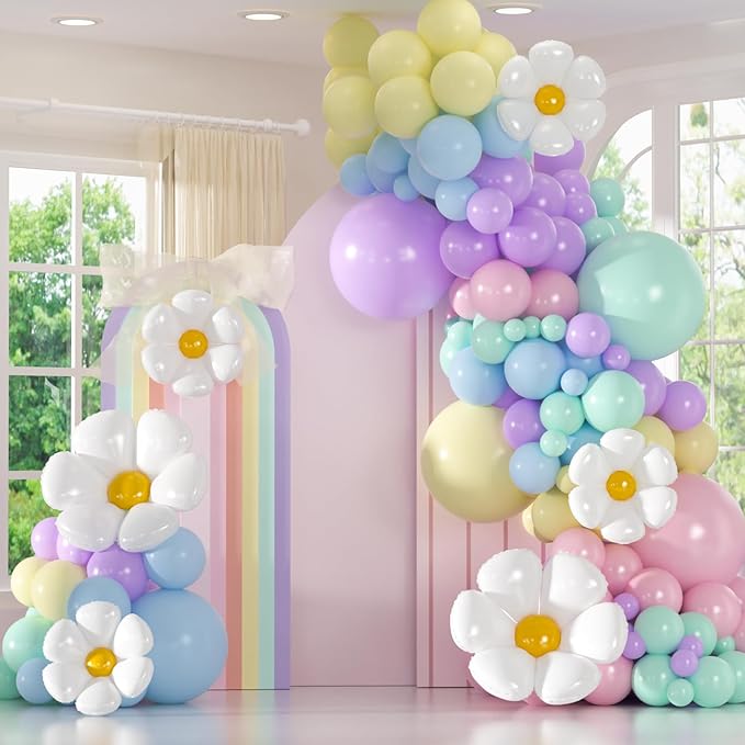 139pcs Daisy Balloon Garland Arch Kit - Pastel Macaron Balloons with Daisy Flowers Balloon for Birthday Baby Shower Flower...