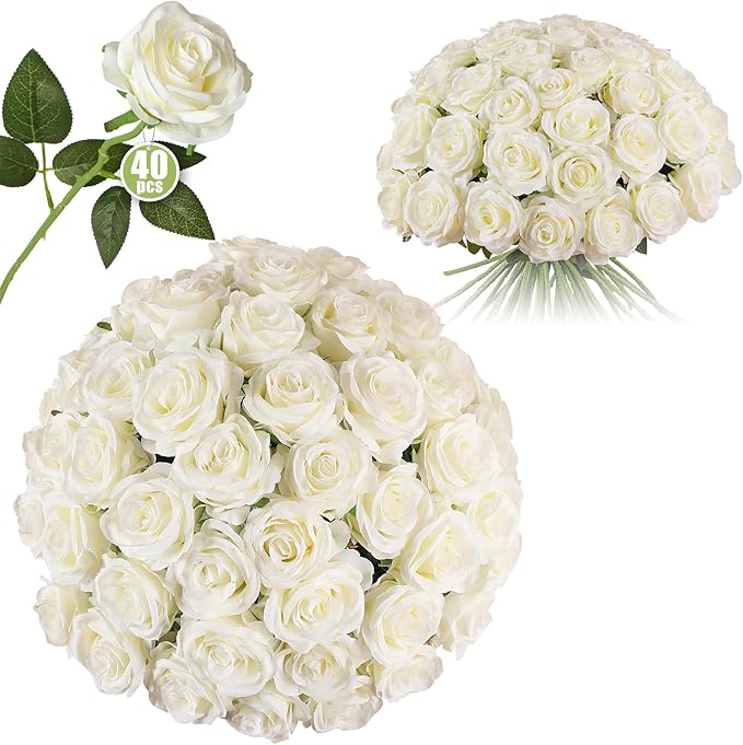 Luyue 40PCS White Roses Artificial Flowers - Long Stem Fake Roses Bouquet Silk White Flowers Artificial Rose for Wedding C...