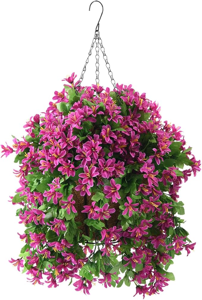 INQCMY Artificial Hanging Flowers in Basket for Spring Summer Outdoor Porch Decoration,UV Resistant Fake Silk Violet in Pl...