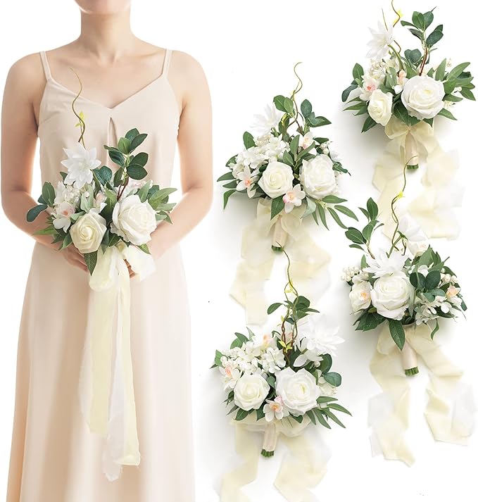 Ling's moment Artificial Bridesmaid Bouquets Set of 4,White Wedding Flower Bouquets Sage Floral Bouquet Bridal Bouquets wi...