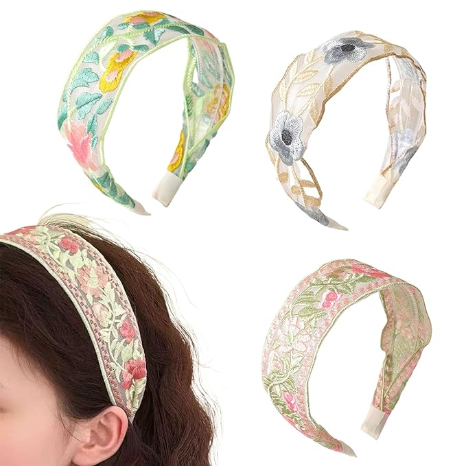 PKRFCJ Floral Headband for Women 3 PCS Embroidered Headband,Wide Boho Mesh Fabric Hair Bands,Comfortable and Non-slip Hair...