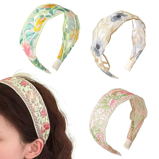 PKRFCJ Floral Headband for Women 3 PCS Embroidered Headband,Wide Boho Mesh Fabric Hair Bands,Comfortable and Non-slip Hair...