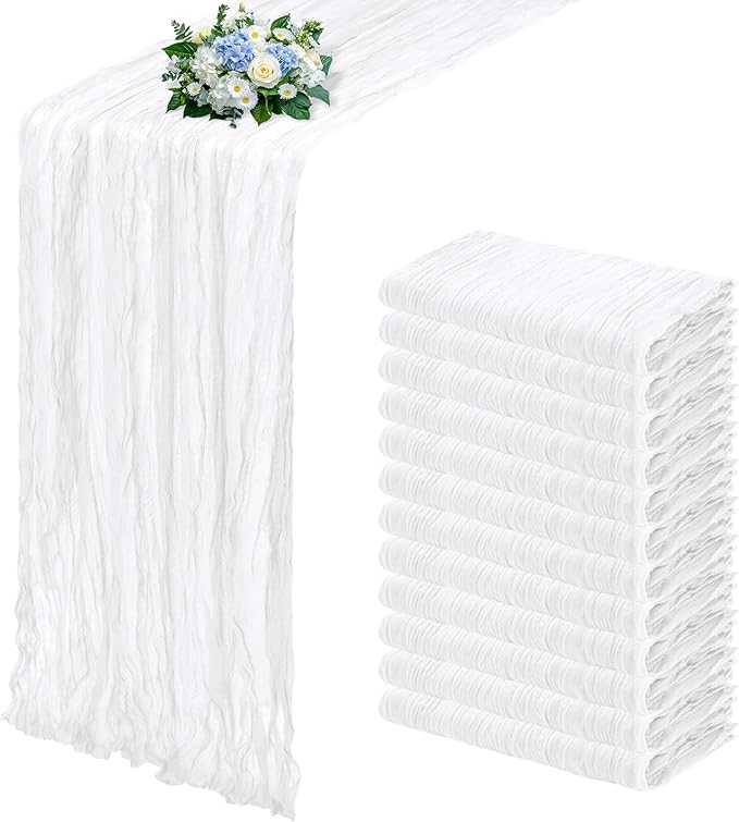 RealBox 12 Pack White Cheesecloth Table Runner 17x108 Inch Semi Sheer Boho Gauze Cheese Cloth Fabric Table Runners, for We...