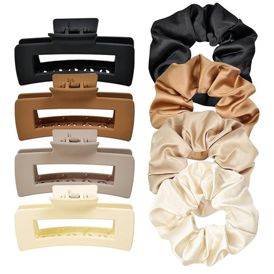 JGQUR 8pcs Hair Clips and Scrunchies Set - 4 Medium Claw Clips for Women, Non-Slip Matte Hair Claws, 4 Large Satin Scrunch...