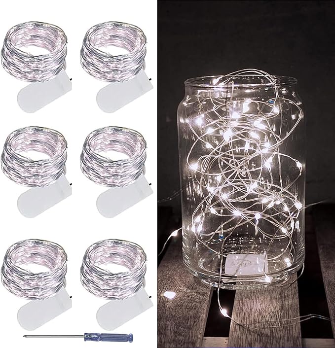 LAMPHOME 6 Pack Fairy Lights Battery Operated String Lights 6.6ft 20 Led Mason Jar Lights Waterproof Silver Wire Light Fir...