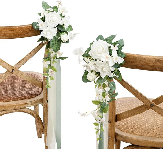 Ling's moment 8pcs Wedding Artificial Aisle Pew Flowers Chair Decorations White & Sage Green Arrangements with Chiffon Rib...