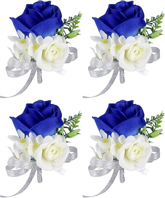 ChezMax Rose Boutonniere Handmade Flower Artificial Corsage with Clip and Ribbon 4 PCS for Bride Groom Wedding Prom Party