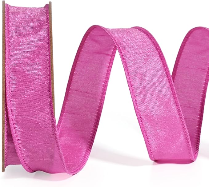 LaRibbons Hot Pink Ribbon Wired 1 Inch x 10 Yards Dupioni Spring Valentine's Day Ribbon with Wired Edge for Gift Wrapping,...