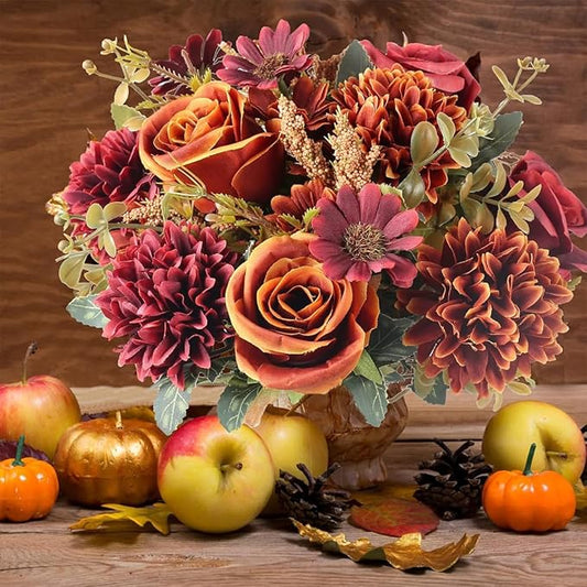Pomfedmi 2 Bundles Fall Flowers Artificial for Decorations, Fall Silk Flowers Fake Rose Bouquet with Daisy Faux Floral Arr...