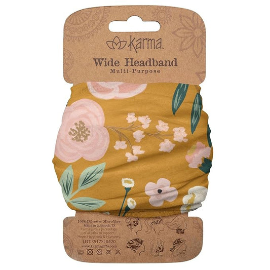 Karma Mustard Floral Headband for Women - Wide - Fabric Headband and Stretchy Hair Scarf - Yellow