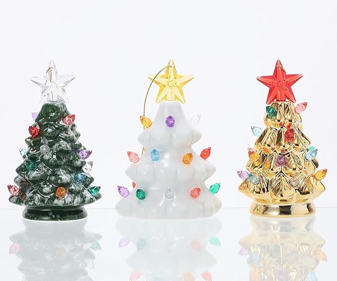 B SEPOR Set of 3 Mini 4.5" Inch Nostalgic LED Ceramic Christmas Tree with Lights Xmas Tree That Light Up Hanging Ornaments...