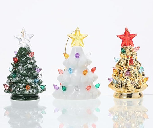 B SEPOR Set of 3 Mini 4.5" Inch Nostalgic LED Ceramic Christmas Tree with Lights Xmas Tree That Light Up Hanging Ornaments...