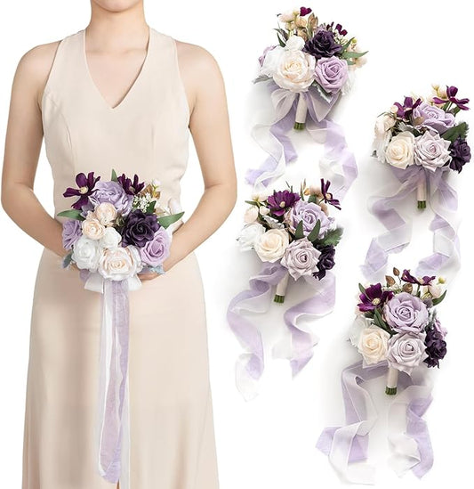 Ling's moment Artificial Bridesmaid Bouquets Set of 4 Purple Wedding Flower Bouquets Lilac Floral Bridesmaid Bouquet with ...