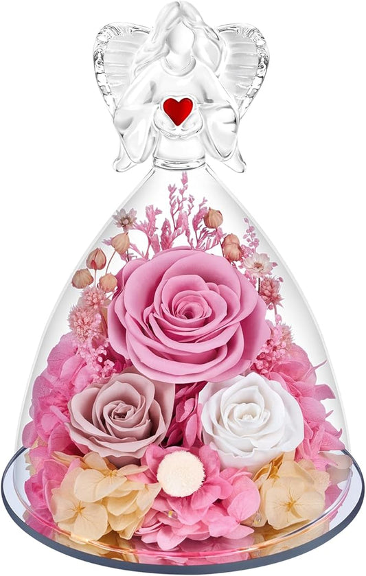Vryblos Preserved Flowers in Glass Angel Figurine with LED Light,Forever Real Roses Prime Eternal Flower Birthday Glitter ...