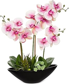 Briful Pink Orchid Fake Flowers 17in Artificial Orchid Silk Flowers in Black Pot Faux Orchid Arrangement for Home Office B...