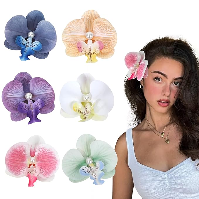 Flower Hair Clips 6 Pcs - Hawaiian Tropical Orchid Hair Clips Bohemian Hairpins with Artificial Silk Flowers for Women Bea...