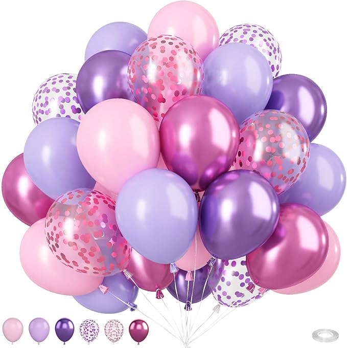 Pink and Purple Balloons, 50PCS 12 Inch Confetti Balloons, Metallic Purple Pink Latex Balloons with Ribbon, Party Balloons...