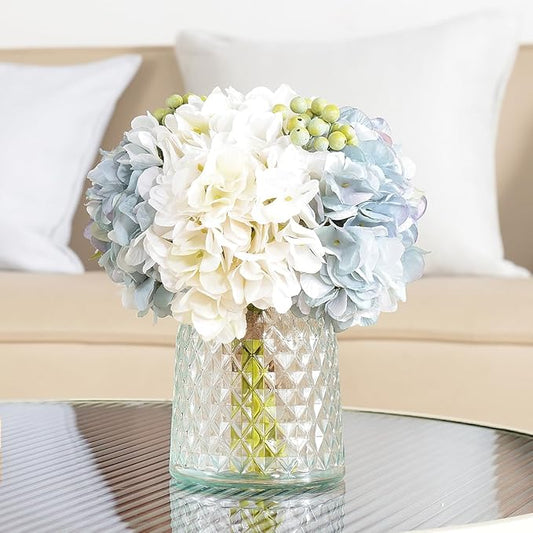 Wracra Hydrangeas Floral Arrangement in Glass Vase, Fake Flowers Silk Hydrangea Artificial Flowers with Vase for Home Offi...
