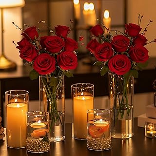 Hewory Hurricane Glass Candle Holders: 6 PCS Clear Hurricane Candle Holders for Pillar Candles Floating Candles, Glass Cyl...