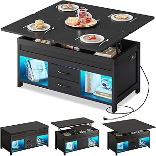 WLIVE 40" Lift Top Coffee Table, 4 in 1 Coffee Tables with Storage, 2 Fabric Drawers, LED Light and USB, Modern Coffee Tab...