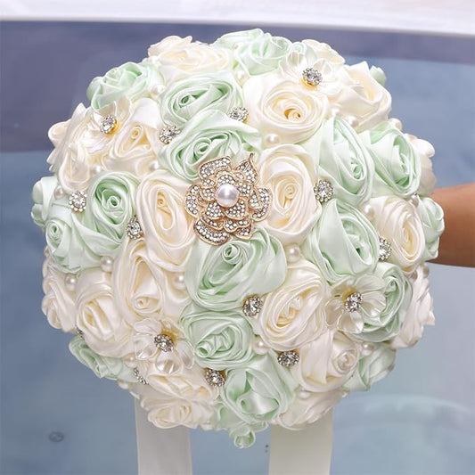 TUAGYMKR Handmade Rhinestone Brooch Satin Bridal Bouquet,7.5inch Crystal Wedding Round Tossing Bouquet,Artificial Flower B...