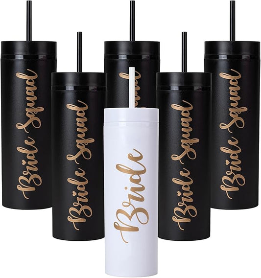 6 Pack Bride to Be Skinny Tumbler | 16 oz Bride Squad Tumblers | Bachelorette Party Cups | Engagement Wedding Gifts Brides...