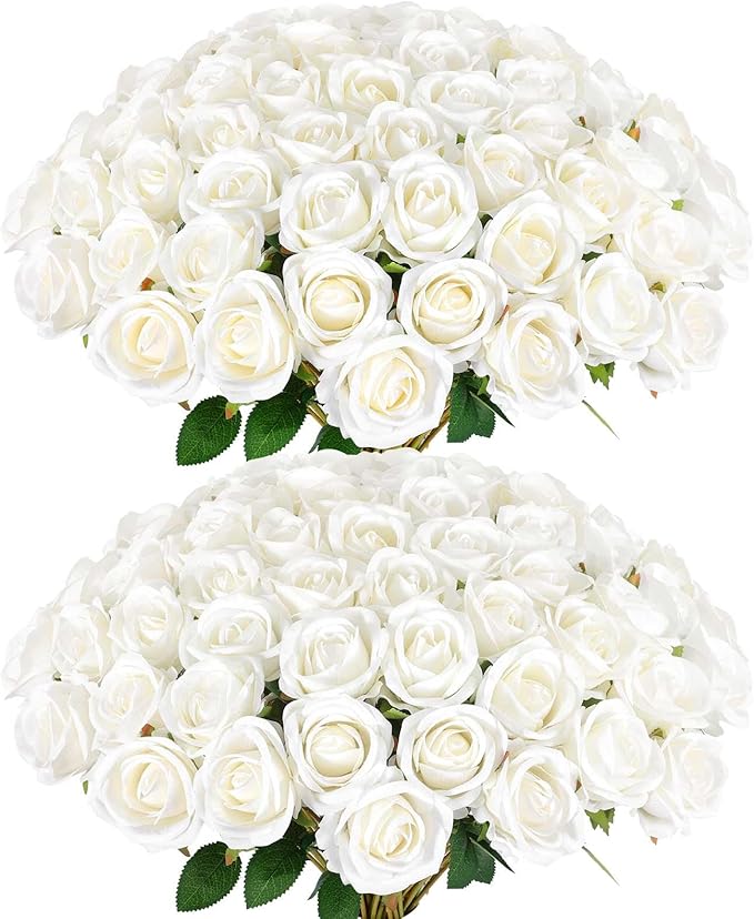 Rowfad 60 Pcs Artificial Roses Bulk Velvet Silk White Roses White Roses for Wedding Centerpieces Bridal Bouquet Mohter's D...