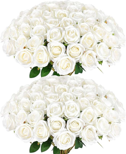 Rowfad 60 Pcs Artificial Roses Bulk Velvet Silk White Roses White Roses for Wedding Centerpieces Bridal Bouquet Mohter's D...