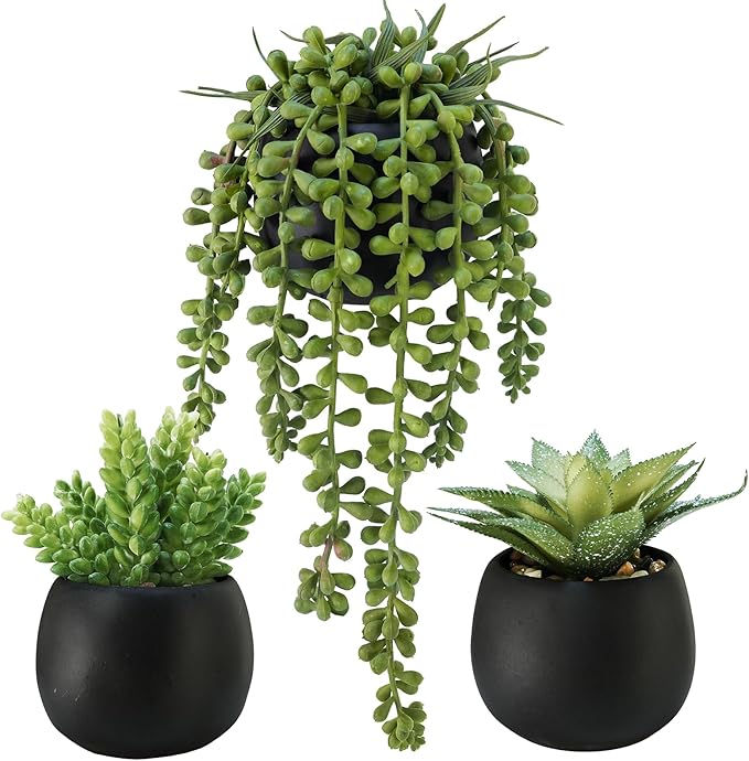 Winlyn Set of 3 Artificial Succulents Plants in Black Cement Planters Faux Potted Plants Aloe String of Pearls Donkey Tail...