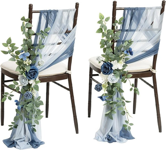 Ling's moment 8pcs Wedding Chair Decorations Aisle Pew Church Artificial Flowers Greenery Swags Dusty Blue & Navy Bench Ce...