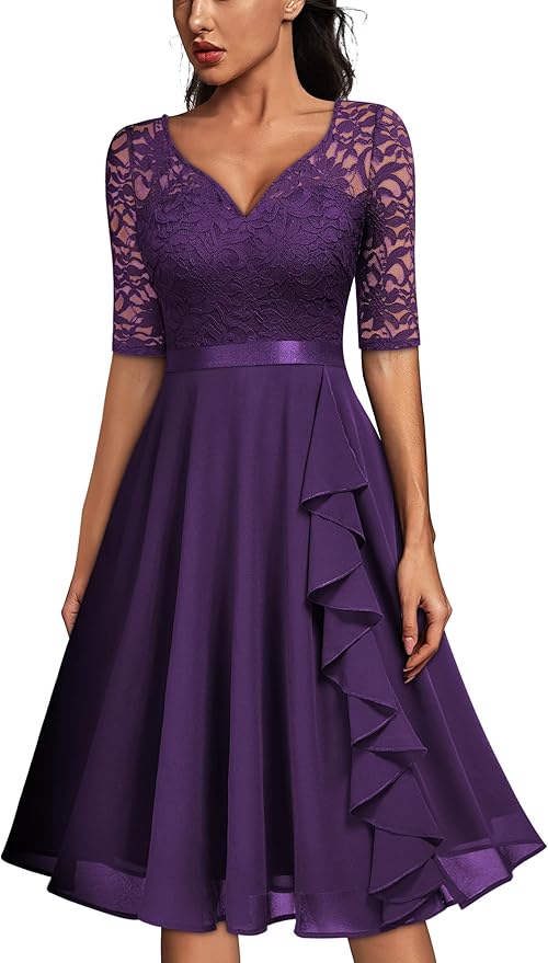 MISSMAY Women's V-Neck Floral Lace Elegant Style Half Sleeve Bridesmaid Party Dress