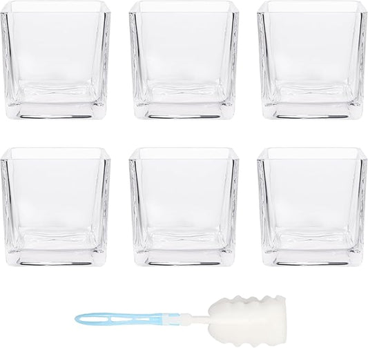 HWASHIN Set of 6 Square Glass Vases 4 x 4 Inch, Clear Cube Flower Vases with Sponge Brush, Candle Holders, Decorative Cent...