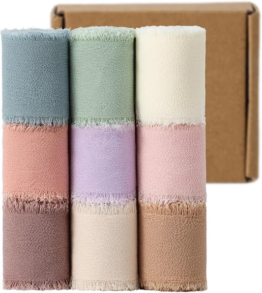1.5" x 27 Yd Chiffon Ribbon Mixed Color Ribbons Set 9 Rolls Handmade Fringe Fabric for Wedding Invitations Bridal Bouquets...