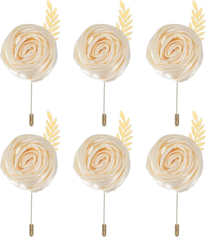 MECCANIXITY 6 Pcs Groom Boutonnieres Rose Boutonnieres Pins for Men Wedding Ceremony Anniversary Prom Formal Party, Beige(...