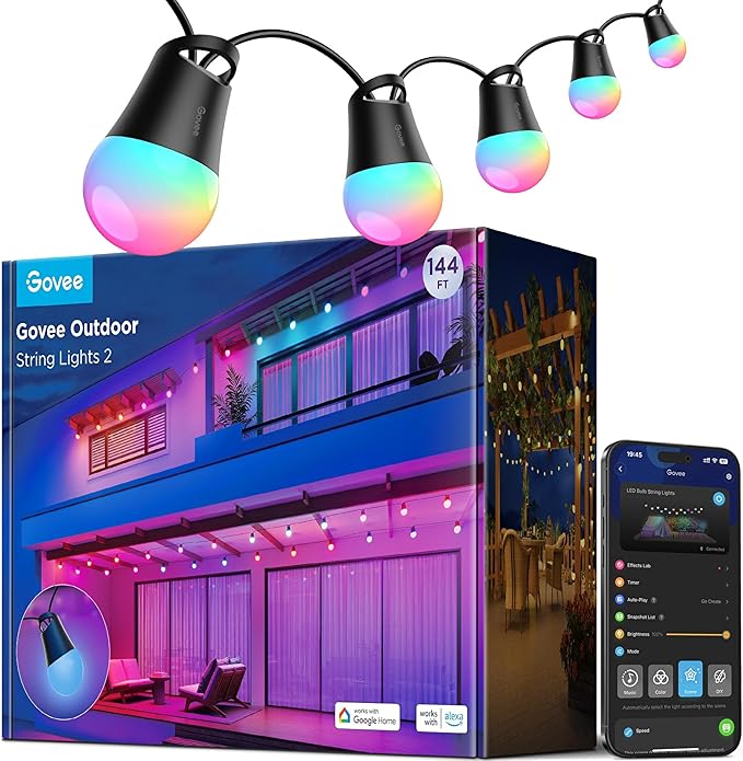 Govee Smart Outdoor String Lights 2, 144ft Outdoor Lights with Dimmable Warm White LED Bulbs, 47 Scene Modes for Patio, Ba...