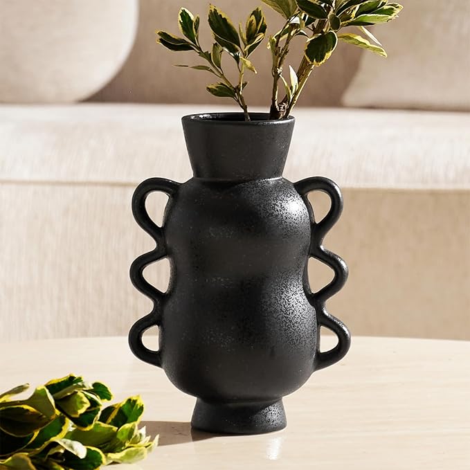 DN DECONATION Black Ceramic Vase Home Decor with Wave Handles, 10'' Tall Rustic Farmhouse Flower Vase for Table Centerpiec...