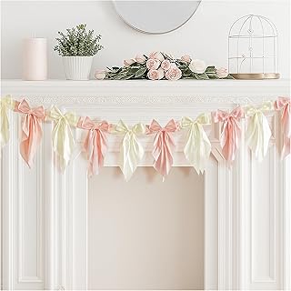 1 Pcs White Pink Bow Garland Banner – Elegant Hanging Satin Ribbon Bow Banner Decorations for Baby Shower, Wedding, Birthd...
