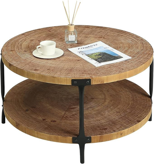 Awescuti Round Boho Wood Coffee Table - 29.1" Farmhouse Natural Circle Wooden 2-Tier Coffee Tables Living Room Furniture, ...