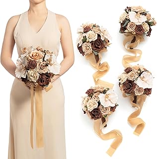 Ling's moment Artificial Bridesmaid Bouquets Set of 4,Brown Wedding Flower Bouquets Beige Floral Bouquet Bridal Bouquets w...