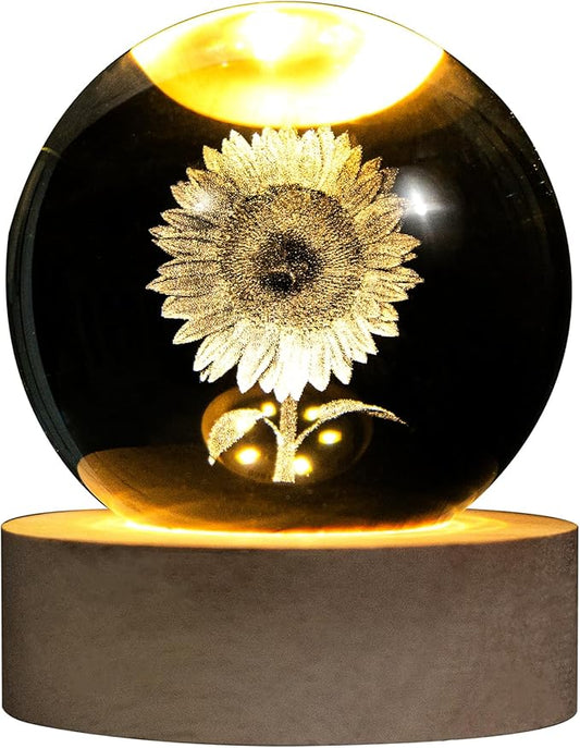QIANCHANG 3D Laser Etched Sunflower Crystal Ball, Sunflower Decor Glass Sphere Lamp Night Light, Crystal Flower Figurines ...