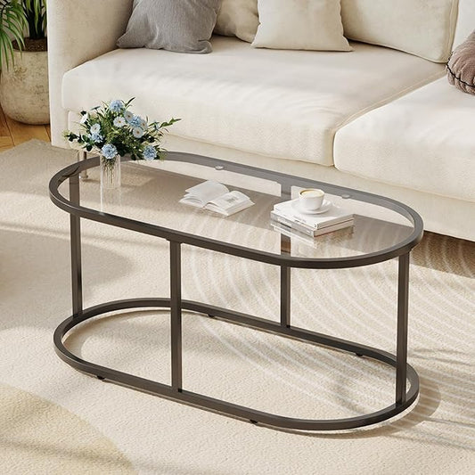 Wolawu Coffee Table Black Glass Coffee Tables for Living Room, Oval Table Center Table with Sturdy Metal Frame,Modern Temp...