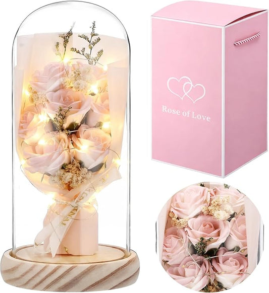 Dingion Valentines Day Preserved Flowers Gifts for Her Forever Fresh Rose Flowers Bouquet Gifts in Glass Dome LED Light Ro...