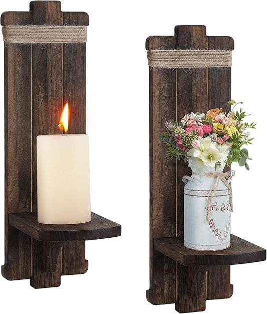 Farmhouse Wall Decor Candle Sconces - 2 Pcs Vintage Rustic Handmade Wooden Wall-Mount Candle Holders for Bedroom Living Ro...
