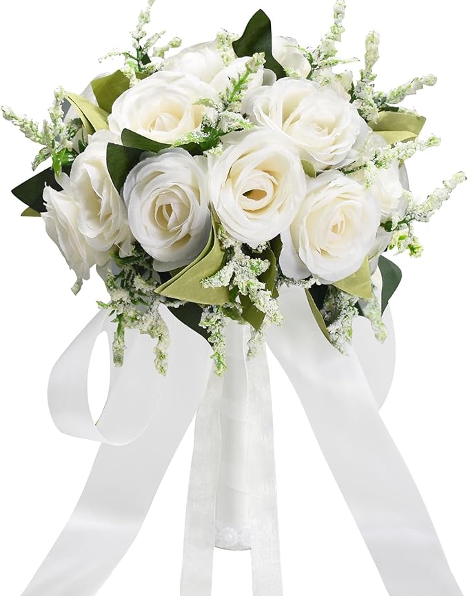 Wedding Bouquets for Bride Bridesmaid Bouquet Ivory Bridal Bouquet Artificial Roses for Wedding Church Home Decoration (Iv...