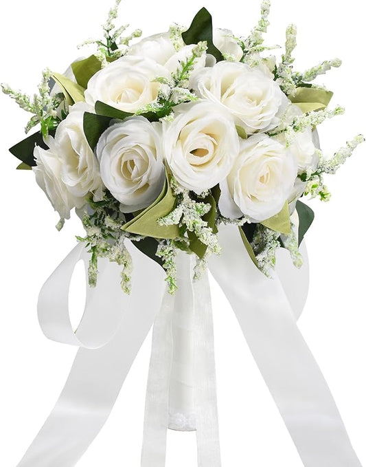Wedding Bouquets for Bride Bridesmaid Bouquet Ivory Bridal Bouquet Artificial Roses for Wedding Church Home Decoration (Iv...