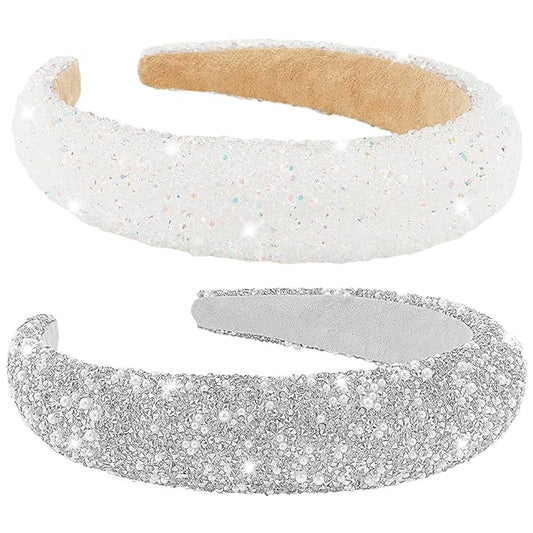 AHONEY 2 Pack Rhinestone Headband for Women Girls, Glitter Sequin Beaded Pearls Padded Headbands for Women Prom Wedding Sp...