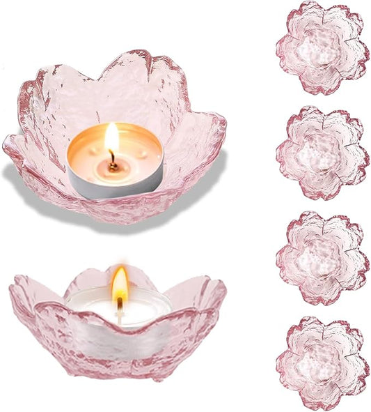 Glass Votive Candle Holders,Glass Seasoning Dishes,Cherry-Blossom Tea Bag Holders,Pink Flower Snack Dip Bowls,Set of 6 Tea...