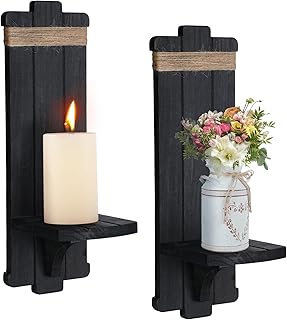 Farmhouse Wall Decor Candle Sconces - 2 Pcs Rustic Gothic Handmade Wooden Wall-Mount Candle Holders for Bedroom Living Roo...