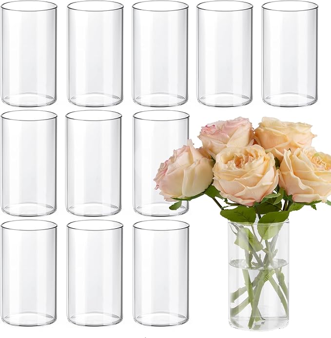 TBWIND 12pcs Glass Cylinder Vases for Centerpieces, 6 Inch Clear Flower Vases for Wedding Decorations and Indoor Home Deco...